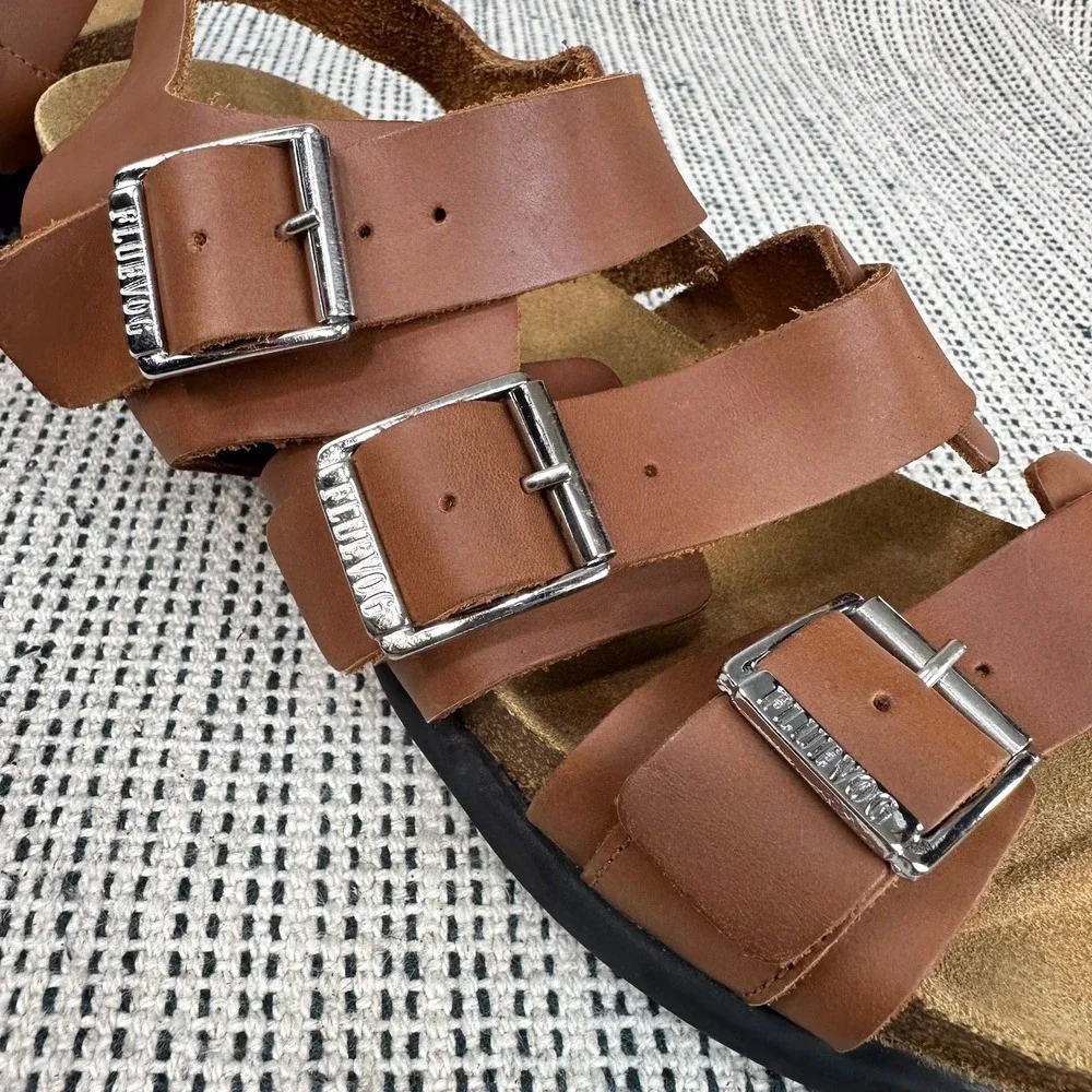 John Fluevog Peacemakers Sandals Men Size 10 Brown Leather Triple Buckle Cork